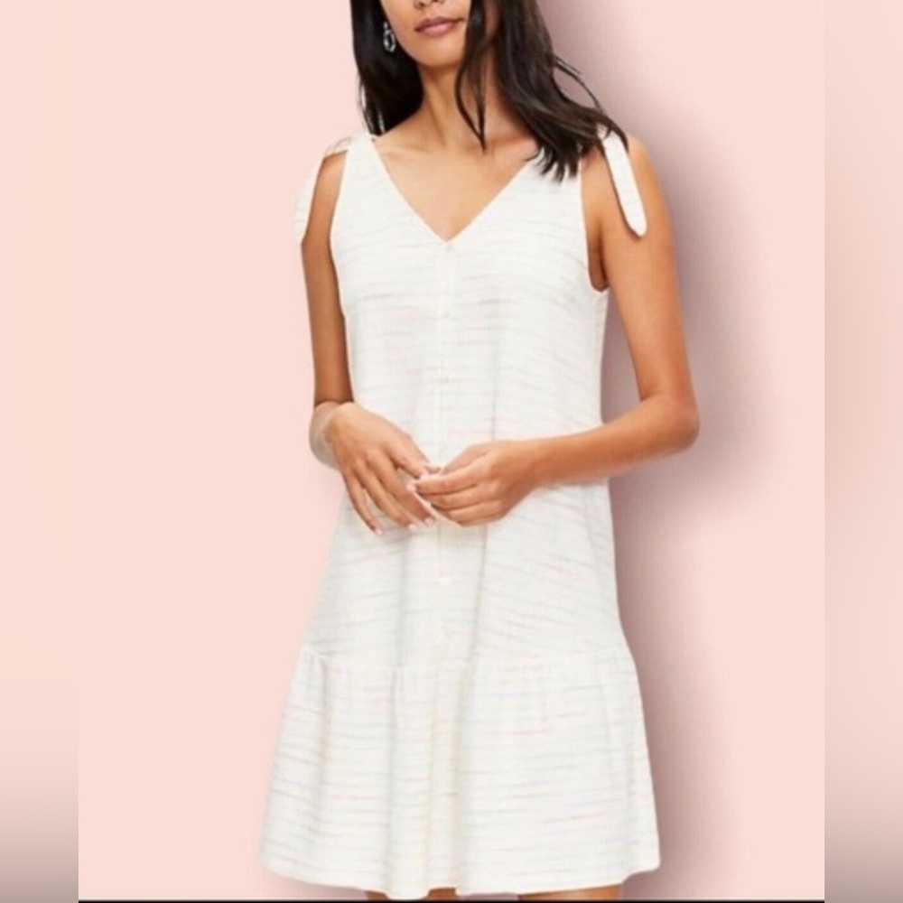LOFT Bow Strap Flounce Dress in Cream Rainbow Stripe size M